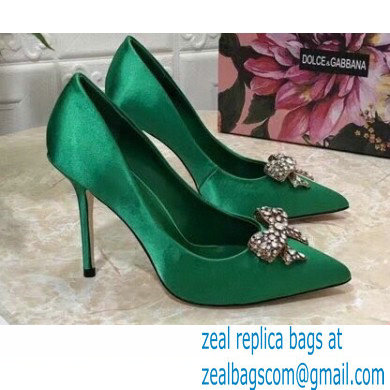 Dolce & Gabbana Heel 10.5cm Satin Pumps Green with Crystal Bow 2021 - Click Image to Close